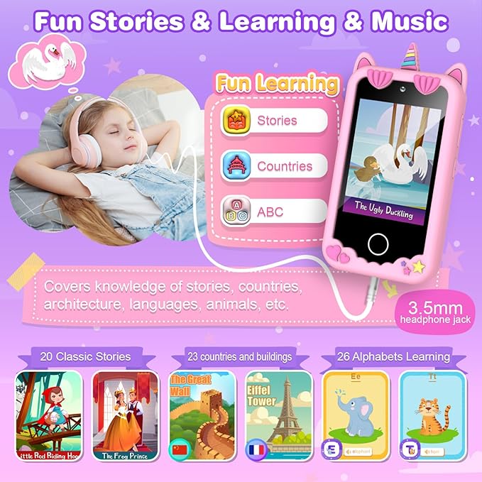 M SANMERSEN Smart Phone for 3 4 5 Year Old Girls, 2.8" Touchscreen Toddler Phone Toy, Dual Camera 28 Learning Games, MP3 Music Player, Built-in 32G SD Card