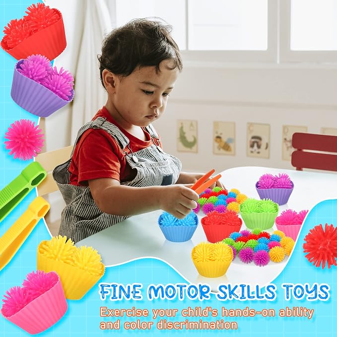Leitee 90 Pcs Fine Motor Skills Counting Sorting Sensory Bin Filler Toy Set Matching Game Include 72 Hedge Ball 4 Tweezer 2 Scissor Clip 12 Sorting Cup for Preschool Education Train Development - Image 3