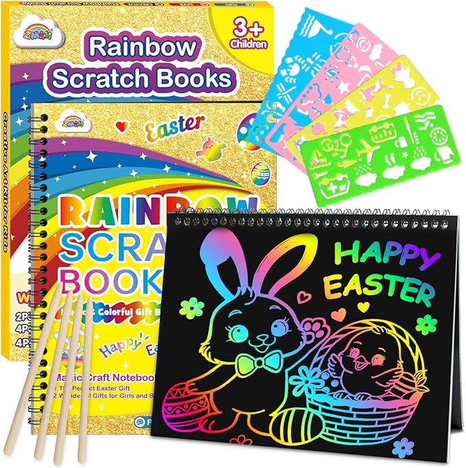 ZMLM Rainbow Scratch Easter Gifts: 2 Pack Rainbow Scratch Notebooks Easter Basket Stuffers Art Crafts for Kids Girls Boys 3 4 5 6 7 8 9 10 11 12 Years Old Birthday Toys Art Supplies Paper