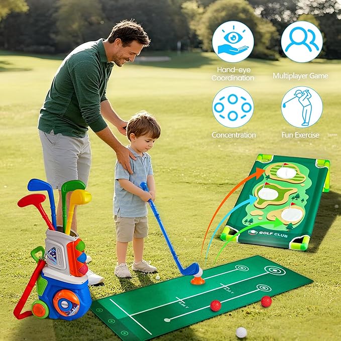 PJG Toddler Golf Set with Mat & Cornhole Board, Plastic Kids Golf Clubs 3-5 with 4 Golf Clubs and 10 Balls, Golf Toy with Cart for Boys and Girls Aged 1 2 3 4 5 Years Old Birthday (Blue)