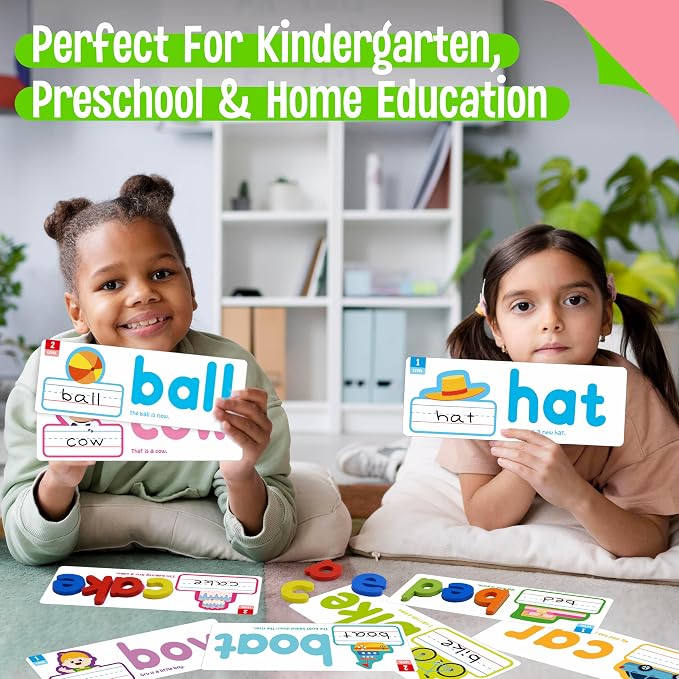 82PCS CVC & CVCC, CCVC Words Builders, 30 Double-Sided Cards & 52 Wooden Lowercase Letters, 2 Levels See & Spell Learning Tool STEM Educational Activities for 3 Years Old Boys and Girls - Image 7