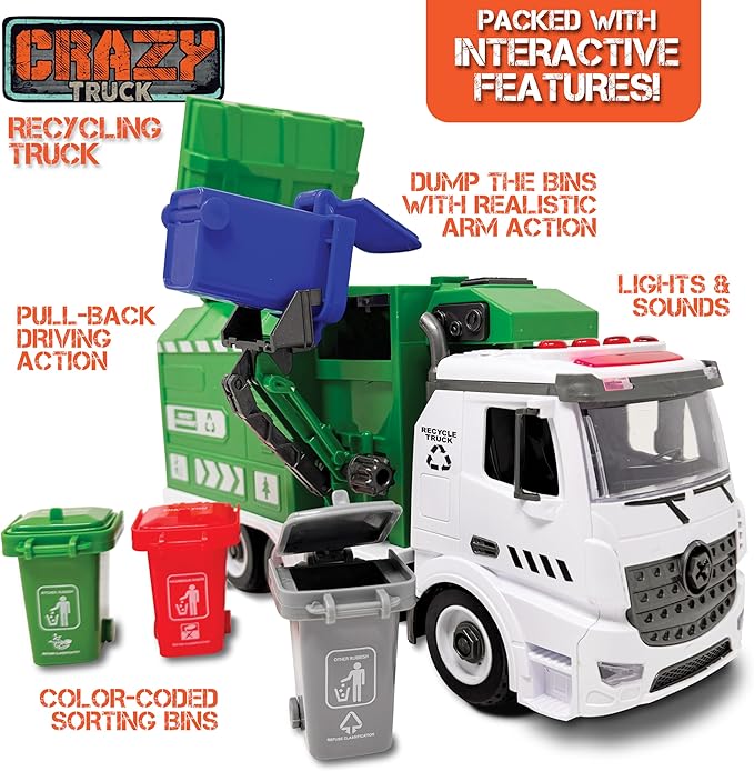 Crazy Truck 1:16 Scale Recycling Garbage Truck Toy with Lights & Sounds, 4 Recycle Cans, 40 Flash Cards, Tools – DIY Take-Apart for Kids – Realistic Mechanical Arm for Lift & Dump Trash Play
