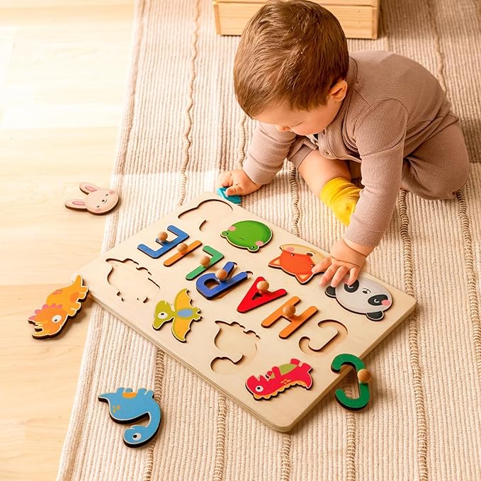 Personalized Name Puzzle, Wooden Puzzles for Toddlers 1-3, Easter Basket Stuffers Birthday Gift Montessori Toys for 1 Year Old Girl Boy, Handcrafted Decor for Educational Play in Nursery