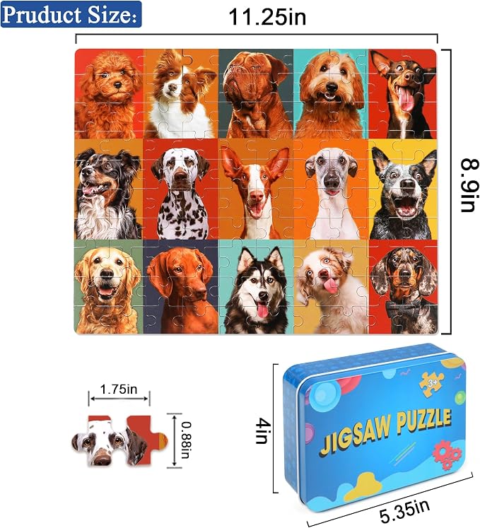 LELEMON Puzzles for Kids Ages 4-8,100 Pieces Funny Dog Jigsaw Puzzles in a Metal Box,Puppy Animal Puzzle for Children,Learning Educational Toys for Boys and Girls - Image 2