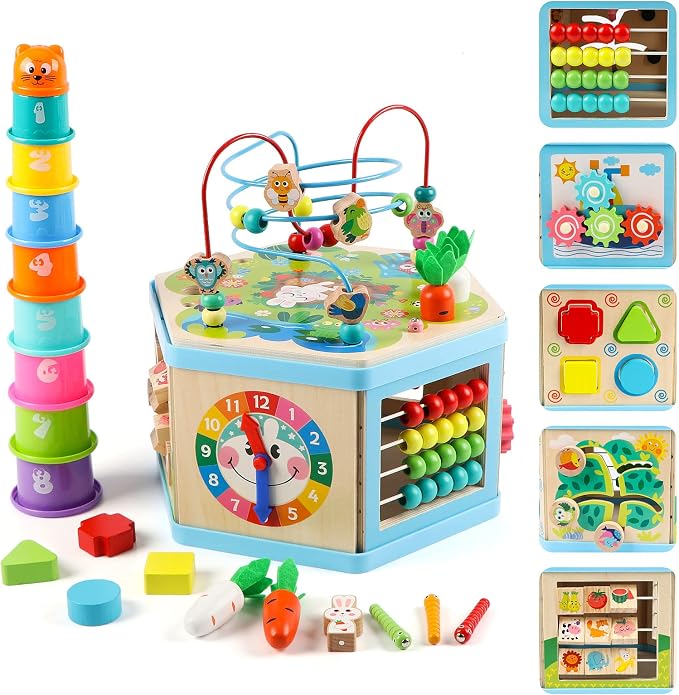Wooden Activity Cube for 1 Year Old Kids, Educational Learning Bead Maze for Toddler Age 1-3, Developmental Montessori Toys for 12-36 Months Boys Girls Gift by Vomocent