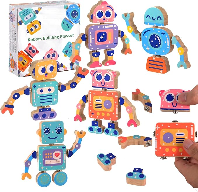 Wooden Snap Together Building Toys, Robot Building Toys for Kids Ages 3-5 by Hdsahdok