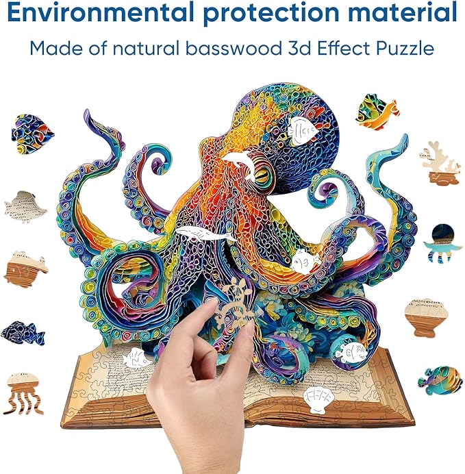 Reouinty Wooden Puzzle for Adults 500 Pieces, Octopus Book Jigsaw Puzzles, Unique Shape Animal Adult Puzzles, Irregular Wood Best Gift for Adults Family Game(16.8 * 16.1 in)