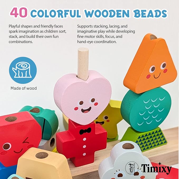 Montessori Wooden Stacking Lacing Beads Toy, STEM Sequencing Ages 3+ - Image 3
