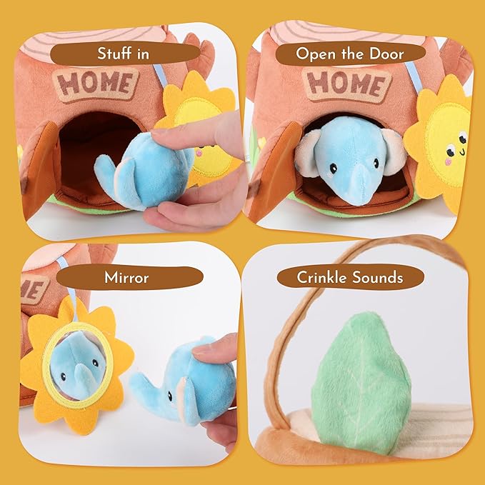 Baby Toys 6-12 Months - Tree Stump with 5 Stuffed Safari Animals, Soft Busy Montessori Toys with Rattle, Crinkle, Squeaker, Mirror, Sensory Toys for Toddlers 1-3, Christmas Birthday Gift
