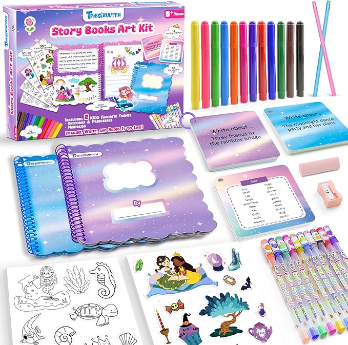 Storybook Art Kit, Create Fairytale Stories for Kids, DIY Craft Set with 400+ Stickers, 24 Pens, 2 Scrapbooking & Journal Activity, Arts and Crafts Supplies Gift for Boys & Girls Comic Book Making Kit