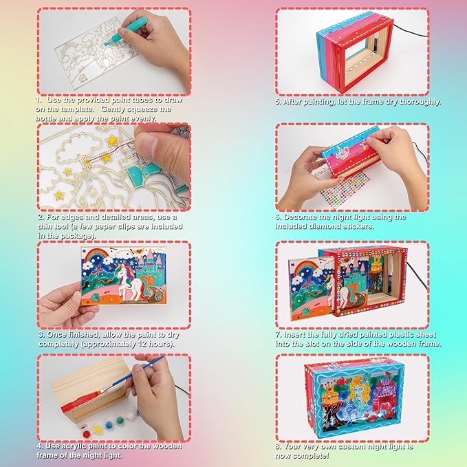 FTBox Unicorn Mermaid DIY Night Light Painting Kit - Wood Arts and Crafts Kits for Girls Age 4-6-8-12, Kids Paint Craft Kits, Creative Painting Gifts for Girls