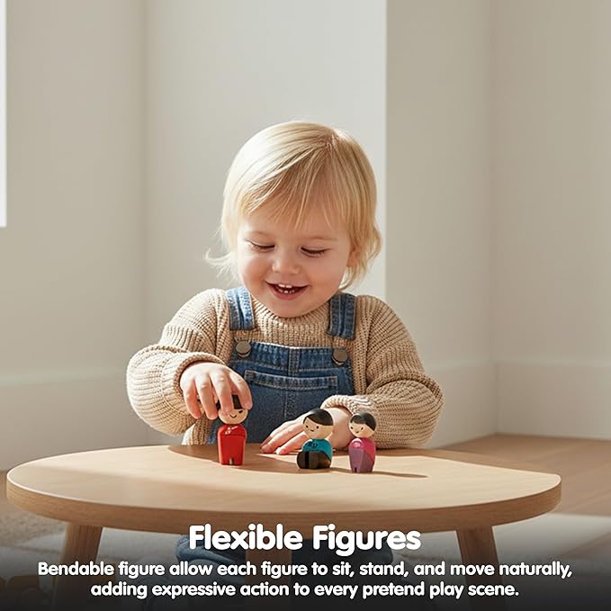 PlanToys® PlanWorld Family Set | 4 Wooden Poseable Figures for PlanCity & PlanWorld Playsets | Montessori Pretend Play Family with Flexible Arms & Legs | Eco-Friendly Sustainable Wooden Toy for Kids