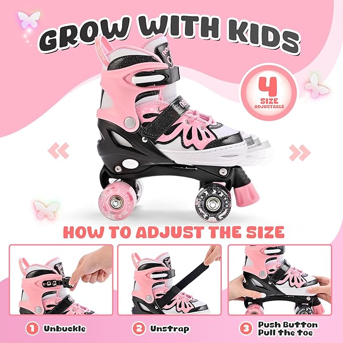 NEMONE Mermaid 4 Size Adjustable Light up Roller Skates for Girls, Purple Blue Skates for Toddlers, Beginner Kids Butterfly Roller Skates Indoor Outdoor