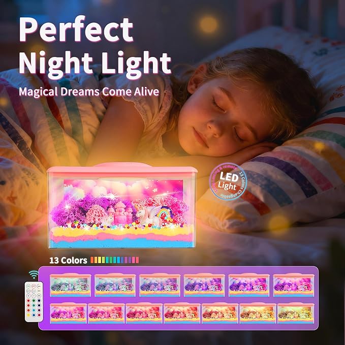 Unicorn Light-Up Terrarium Kit Toys for Kids - Not Fragile - LED Night Light Birthday Gift for Girls Ages 4 5 6 7 8-12 Year Old - DIY Arts and Crafts Kit, with Music, Stickers, Background