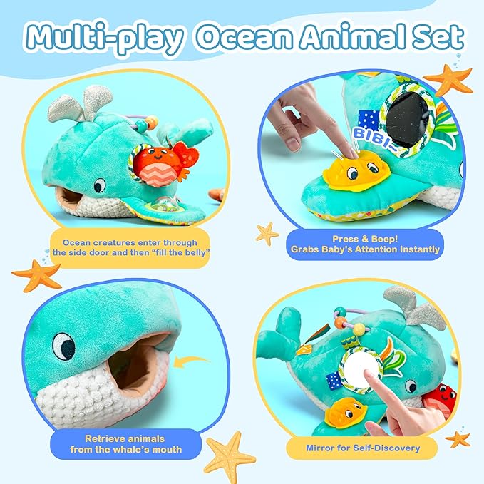 brenzo - Wobble The Whale & Ocean Friends Plush Set | 7-Piece Montessori Sensory Toys for Babies 0-3 | Tummy Time Companions with Rattle, Mirror, Crinkle & Squeaker | Ideal Newborn Toddler Gift