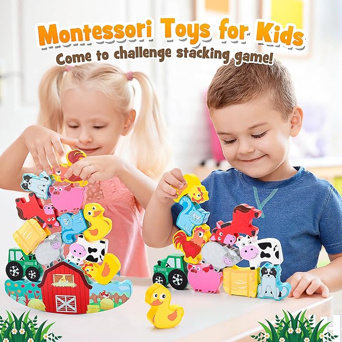 IPOURUP Montessori Toys for Kids 3-7 Wooden Farm Animal Blocks Stacking Games Educational Toy for 3 4 5 6 Year Old Girls Boys Christmas Birthday Gifts for Grandkids Toddler Balance Game Girls Age 3-5 - Image 4