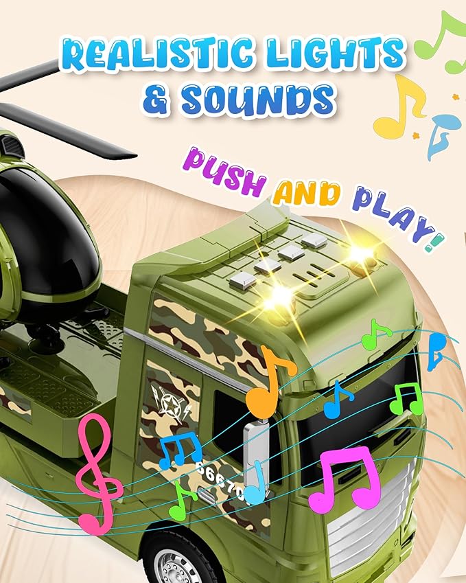 Toddler Boy Toys for 3 4 5 6 7 Years Kids, 25.6" Large Semi Truck Toy with Tank and Helicopter Toy, Army Military Toys with Sounds and Lights, Birthday Chritmas Gifts for Child