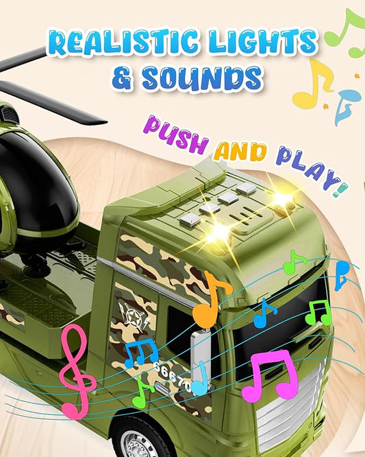 Toddler Boy Toys for 3 4 5 6 7 Years Kids, 25.6" Large Semi Truck Toy with Tank and Helicopter Toy, Army Military Toys with Sounds and Lights, Birthday Chritmas Gifts for Child