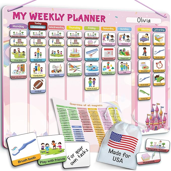 LIKARTO Visual Schedule for Kids - 2-in-1 Weekly + Daily Schedule - Magnetic Schedule with 188 Magnets and Magnetic Backing - Chore Chart Kids - Routine Chart for Toddlers, Autism, ADHD - Pink by Unknown