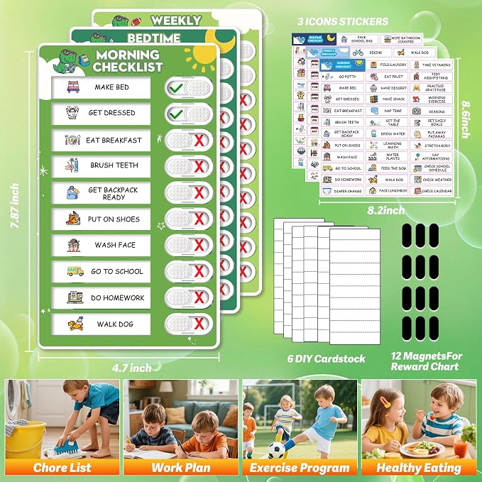 3 in 1 Upgraded Slider Bedtime/Morning/Weekly Routine Chart for Kids, Magnetic Chore Chart for Kids with Cute Chore Stickers, Cute Visual Schedule for Kid - Image 6