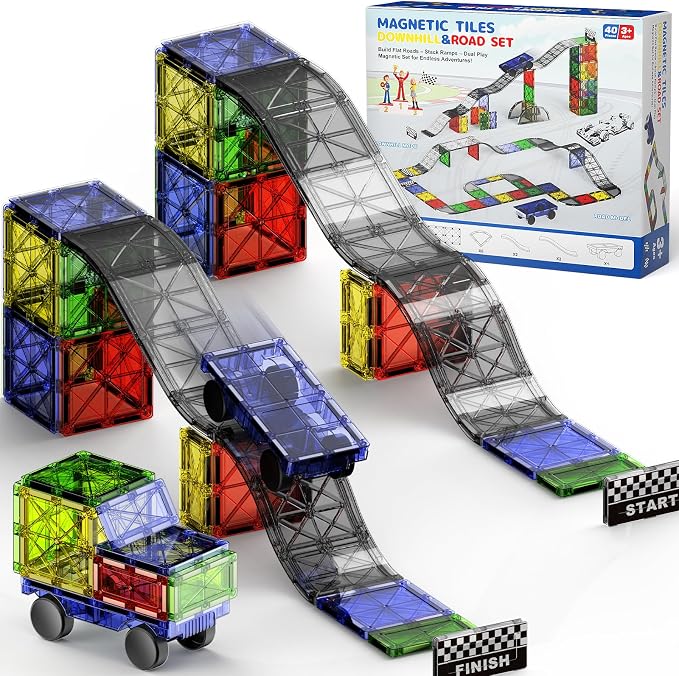 WMXDU Magnetic Road Track Set, 2-in-1 Playset with Curved Tiles by WMXDU