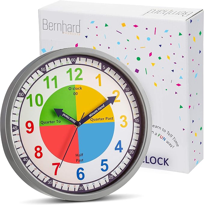 Bernhard Products Colorful Kids Wall Clock Teaching Time Telling Silent Non-Ticking Educational Learning Tool, Colored Numbers for Children Teachers Homeschool and Parents, School Classroom Playroom - Image 2