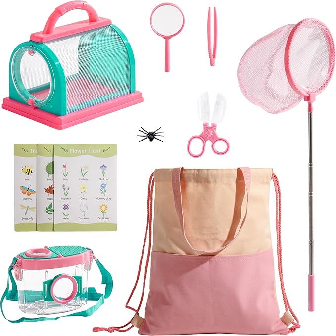ROBOTIME Kids Explorer Kit & Bug Catcher Kit for Kids, 10PCS Outdoor Bug Catching Kit with Magnifying Glass & Net, Adventure Set for Backyard & Camping, Fun Gift for Girls 3-12 (Pink) by ROBOTIMEBuildingThingstoLife