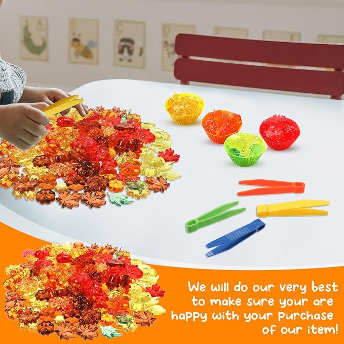 147 Pcs Fine Motor Toys Counting Sorting Fall Decorations, Sensory Bin Filler, 135 Acrylic Fall Leaves Pumpkin 4 Tweezers 2 Scissors Clips 5 Cups Storage Box for Fall, Autumn Thanksgiving Decor - Image 4