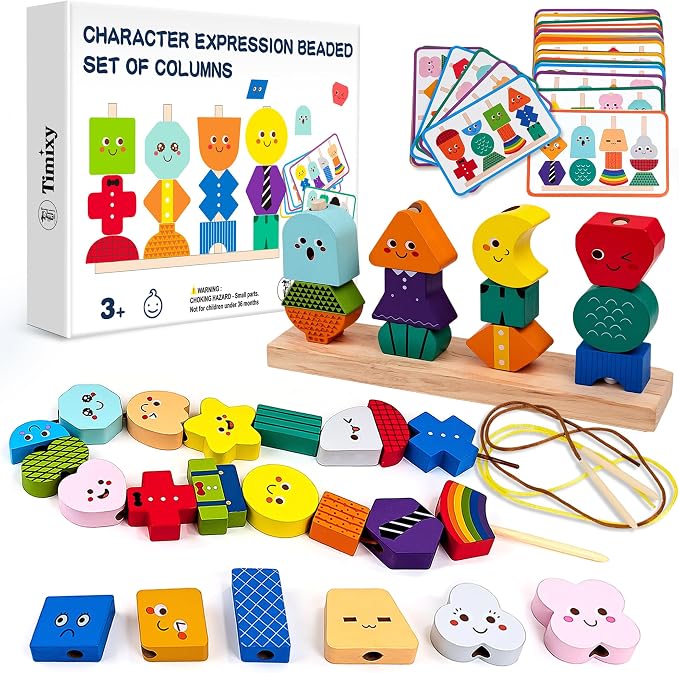 Montessori Wooden Stacking Lacing Beads Toy, STEM Sequencing Ages 3+ by Timixy