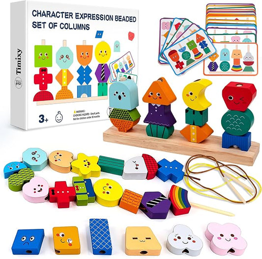 Montessori Wooden Stacking Lacing Beads Toy, STEM Sequencing Ages 3+ by Timixy