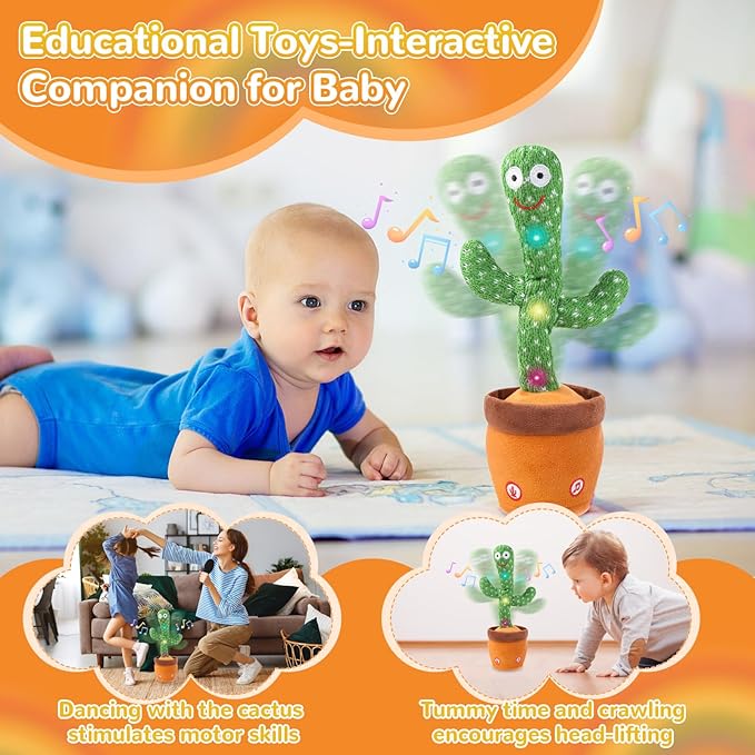 Dancing Talking Cactus Baby Toy, Singing Mimicking Repeating Plush – Educational Interactive Toddler Toy, Repeat What You Say, Tummy Time Toys for Infant Boys Girls 1 Year Old