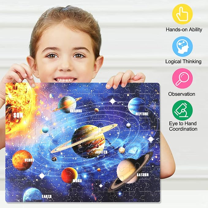 LELEMON 100 Pieces Jigsaw Puzzles for Kids Ages 4-8 Solar System Planets Educational Puzzles Boys Girls Children Learning Educational Puzzles Portable Box Pack Toy - Image 5
