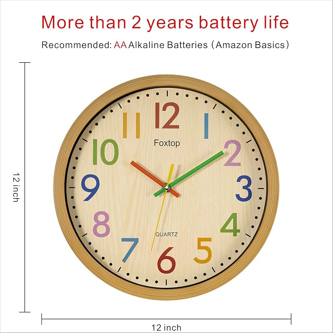 Foxtop Silent Kids Wall Clock 12 Inch Non-Ticking Battery Operated Colorful Childrens Clock for Classroom Playroom Nursery Bedrooms Kids Room School - Image 2