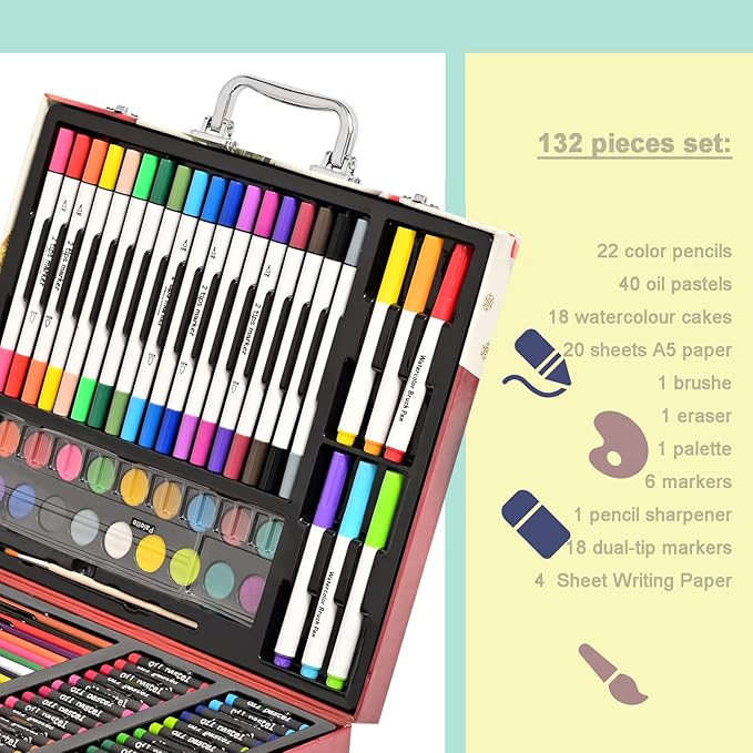 132-Piece Art Set, Deluxe Professional Color Set, Creating Gift Box, Art Set Crafts Drawing Painting Christmas Kit for Kids and Adult, Girls Boys