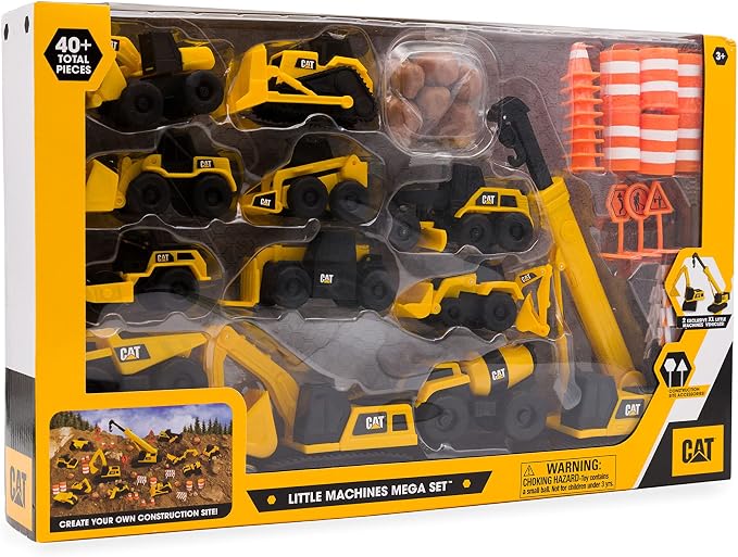CAT Construction Toys, Little Machines Mega Set – 40+ Pieces with XL Crane & Excavator, 10 Mini Vehicles, Road Signs, Cones, Boulders & Barricades, Indoor/Outdoor STEM Toy for Kids Ages 3 + - Image 3