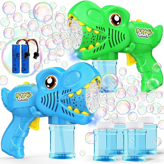Kids Bubble Gun 2 Pack Dino Bubble Machine Gun for Toddlers with 4 Solutions Automatic 13-Hole Bubbles for Kids Blower Maker Easter Basket Essentials Stuffers Valentines Gift Party Toys for Boys Girls