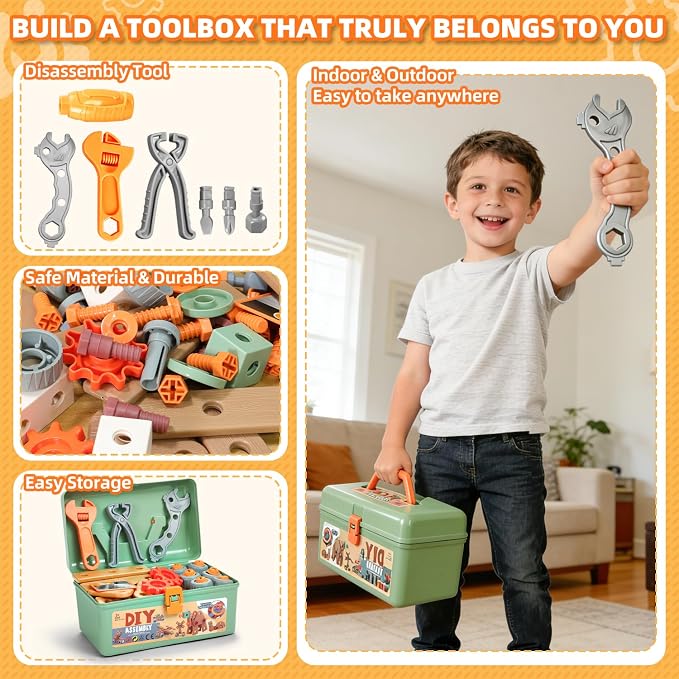 VEAIS Kids Tool Set,135Pcs Tool Set with Toolbox,Educational Montessori Toys,STEM Pretend Play Construction Toys for 3 4 5 Year Old,ABS Plastic Repair Toolkit for 3-6 Year Old Boy,Best Birthday Gift - Image 9