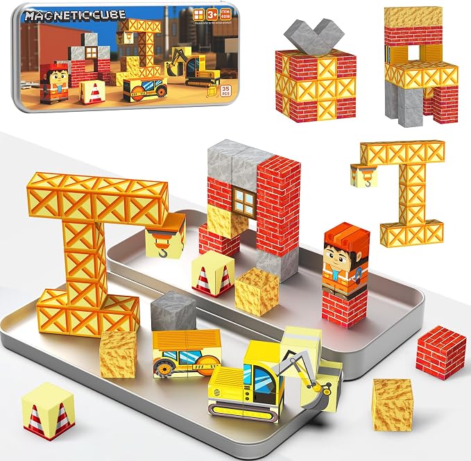 Magnetic Building Blocks for Kids, STEM Engineering Travel Toys with Portable Iron Box, Educational Construction Set for Toddlers Ages 3-8（35 Piece） by Unknown