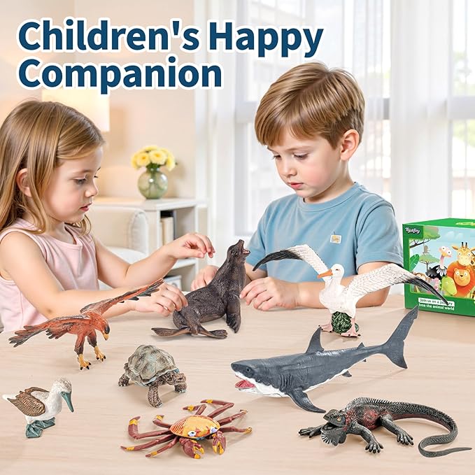 8PCS Large Galapagos Island Animal Figurines Set, Realistic Giant Tortoise Sea Animal Toys Includes Shark, Hawk, Crab, Sea Lion, Blue-Footed Booby, Educational Toys for Toddlers Kids