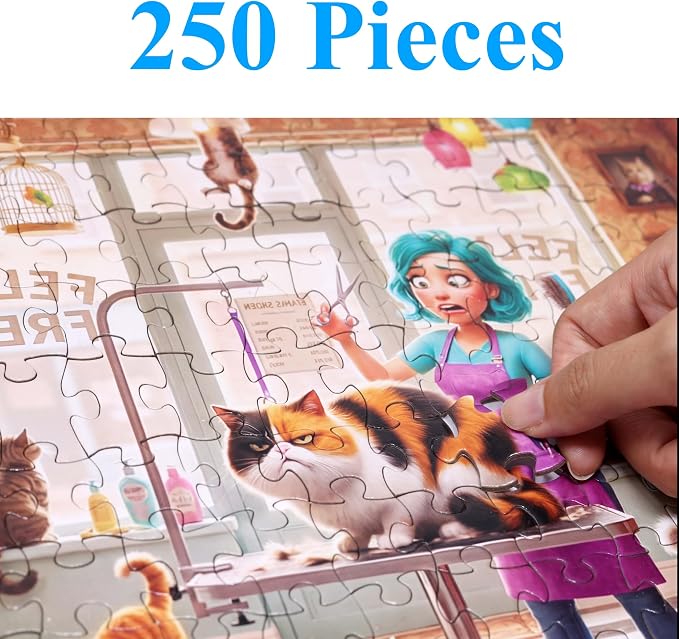 Think2Master Chaotic Cat Salon 250 pieces Large Format Jigsaw Puzzle: 13+, teens, adults & families. illustration of kitten frenzy at whimsical feline pet grooming shop. Great gift. Size 19.3” X 14.2” - Image 2