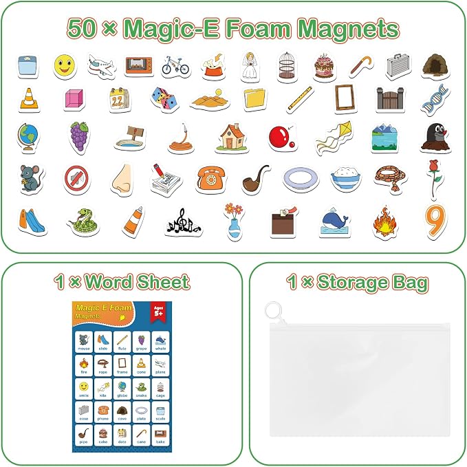 Kasfalci Magic E Word Games,Phonics Games,50 Magnetic Foam Objects,Fridge Magnets for Kids,Speech Therapy Toys for Toddler,Learn to Read Spelling Reading Learning for Preschool Kindergarten Classroom - Image 5
