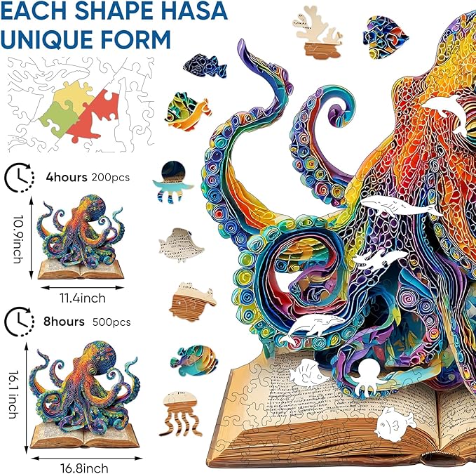 Reouinty Wooden Puzzle for Adults 500 Pieces, Octopus Book Jigsaw Puzzles, Unique Shape Animal Adult Puzzles, Irregular Wood Best Gift for Adults Family Game(16.8 * 16.1 in)