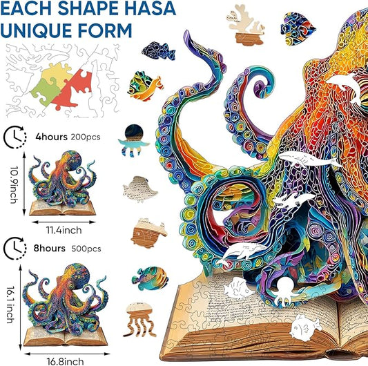 Reouinty Wooden Puzzle for Adults 500 Pieces, Octopus Book Jigsaw Puzzles, Unique Shape Animal Adult Puzzles, Irregular Wood Best Gift for Adults Family Game(16.8 * 16.1 in)