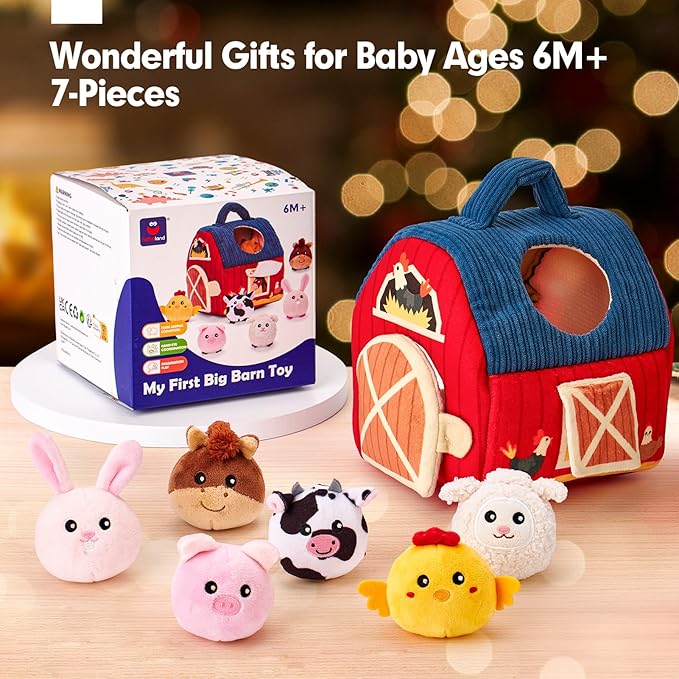 hahaland Baby Toys 6-12 Months - Surprise Barn Stuffed Farm Animals, Rattle, Crinkle, Mirror, Montessori Toys for 6 Month Old Sensory Balls 1-3 Plush Baby Valentines Day Gifts Easter Basket Stuffers