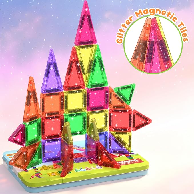 46PCS Glitter Mini Magnetic Tiles Travel Set with Storage Case - Image 3
