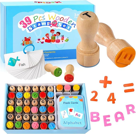 MeCids Wooden Alphabet Number Stamp for Kids - Educational Learning Toy Stamp for Playdough with 26 Letters, Numbers 0-9, Flashcards - ABC Spelling and Math Learning Toddler (Alphabet Number-39 Pcs)
