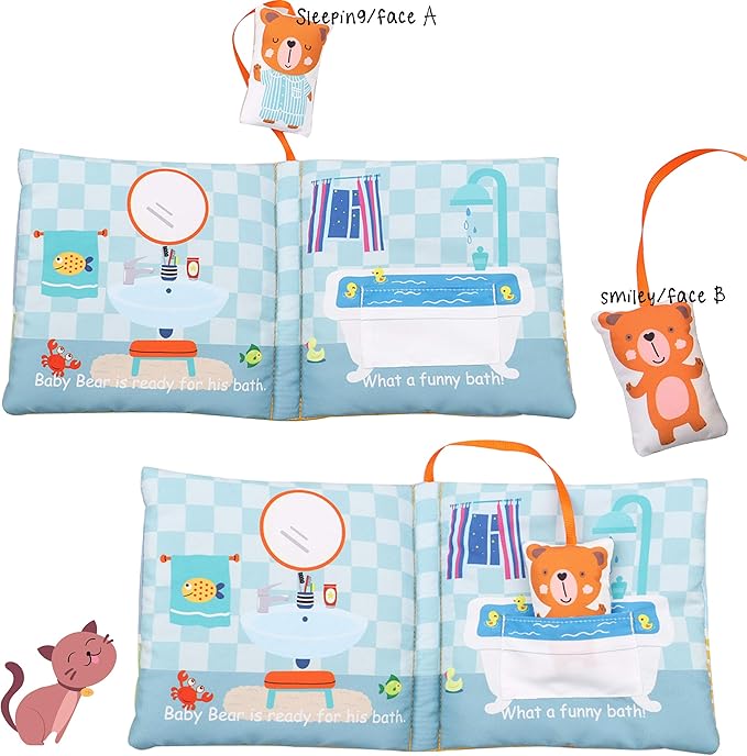 bebe mondo Teddy Bear Baby Book Activity Quiet Cloth Soft Books Developmental Toys Interactive Baby Books for Babies Toddlers Infants, Tummy Time Mirror Toy Gifts for Boys Girl, Goodnight W Box