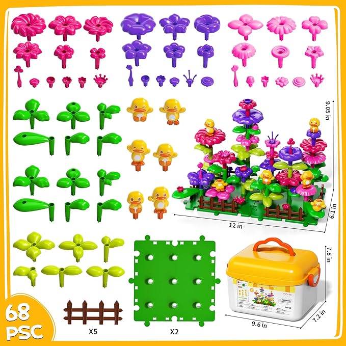 Flower Garden Building Toys for Toddler 3 4 5 6 7 Years Old, DIY Stacking Toys with Storage Box, Kids STEM Preschool Educational Toy, Christmas Birthday Gift for Girls Ages 3-5