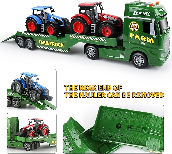Dwi Dowellin Large Flatbed Semi Truck Toy for Kids,Includes Farm Vehicles,Car Toy Birthday Gift for 2 3 4 5 Years Old Boys and Girls