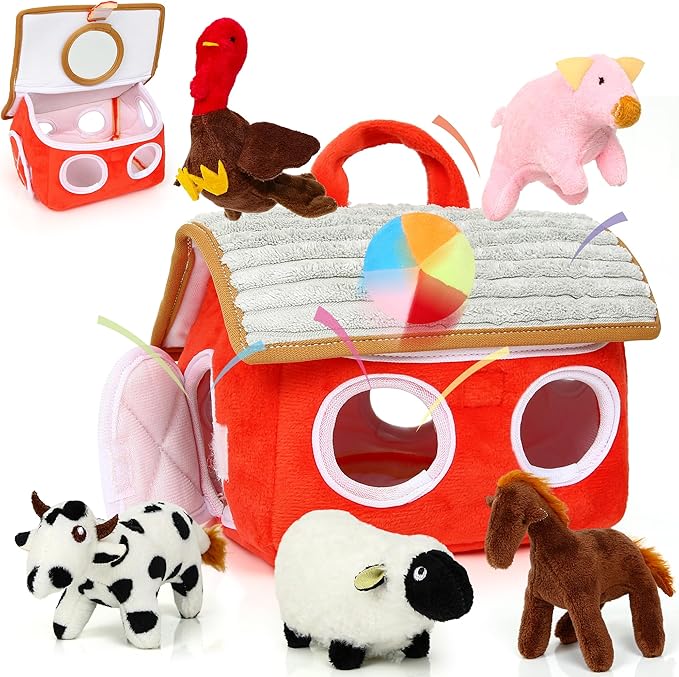 Baby Toys 6-12 Months - Montessori Sensory Farm Set - Soft Stuffed Animals with Rattle Squeak Safe Mirror - On-The-Go Toddler 1-3 Year Old Boy Girl Birthday Gifts (White)